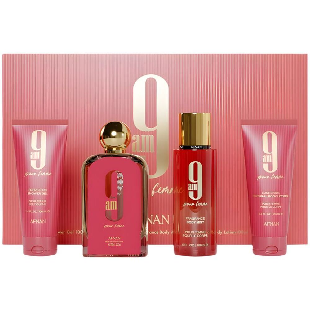 Afnan 9am Pour Femme 4Pc Set (3.4 EDP+3.4 ShowerGel+5.0 BodyMist+3.4 Lotion)-New